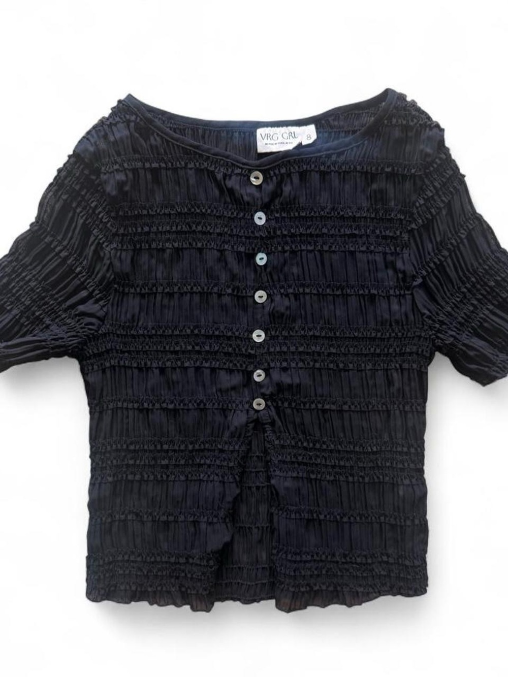 VRG GRL Black Sheer Ruched Button Up Blouse Size 8